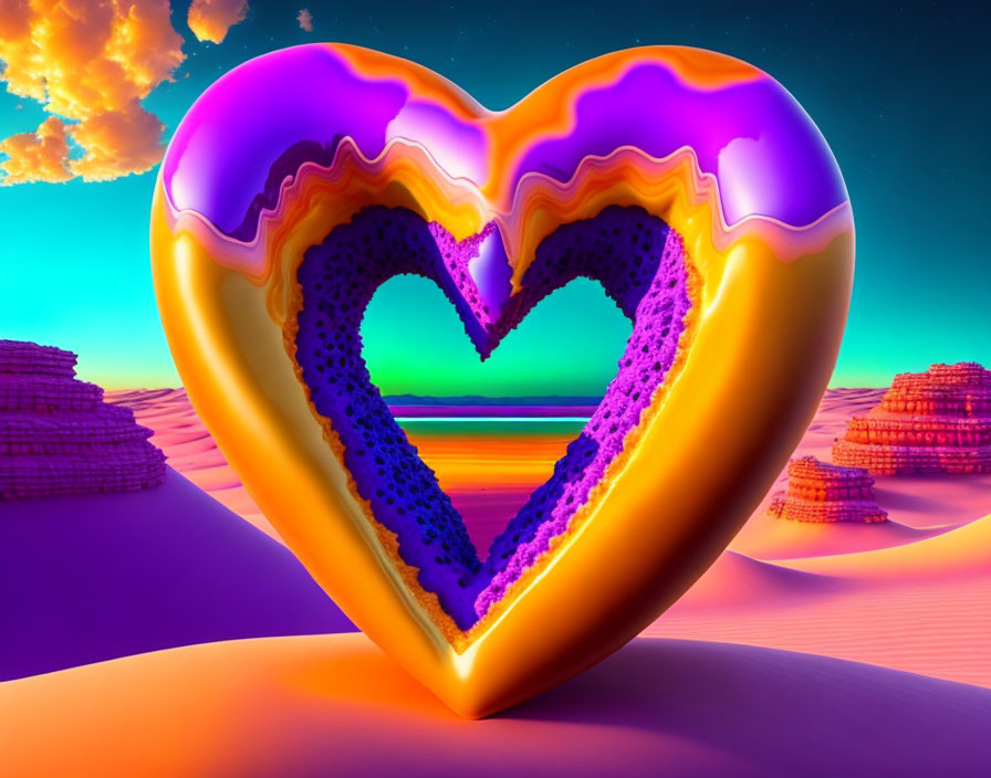 Colorful 3D heart in surreal desert sunset scene