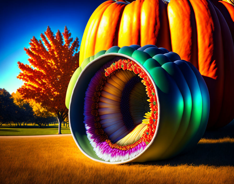 Vibrant autumnal scene with giant shiny pumpkins and surreal tunnel effect