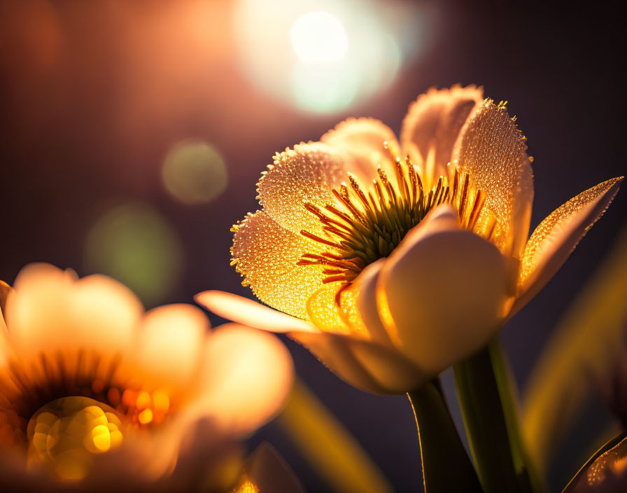 Dew-kissed flowers in warm golden light with soft bokeh.