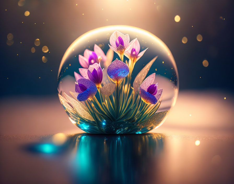 Vibrant purple flowers in glass sphere with bokeh background