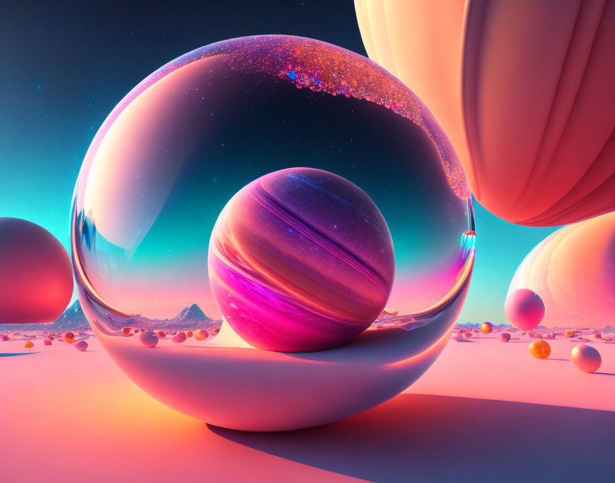 Colorful Striped Planet Encapsulated in Reflective Sphere on Surreal Landscape