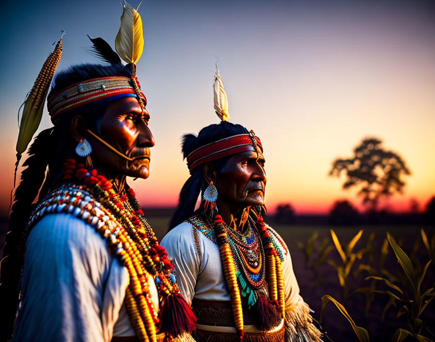 Native American individuals in colorful headdresses at sunset