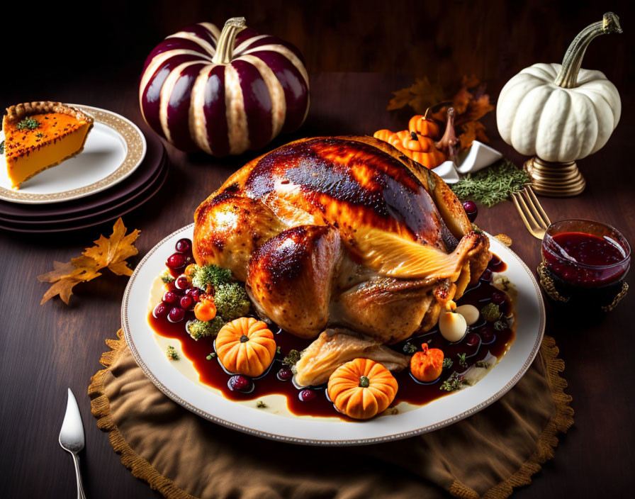 Roasted turkey with cranberries, herbs, pumpkins, leaves, and pie slice in autumn setting