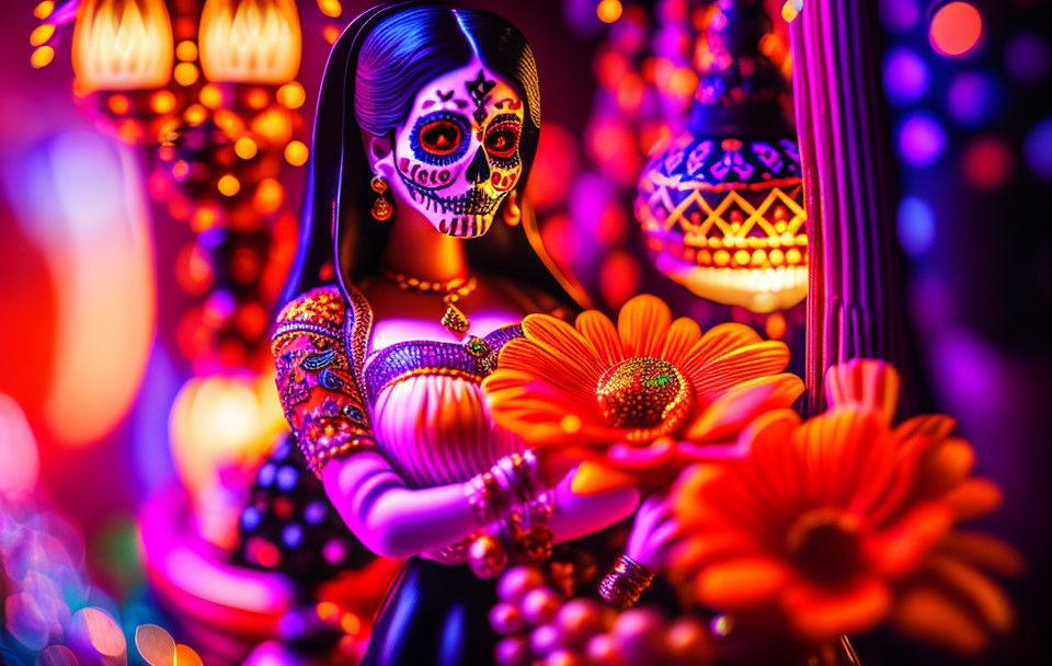 Colorful Day of the Dead Woman Figurine with Flower and Festive Lights