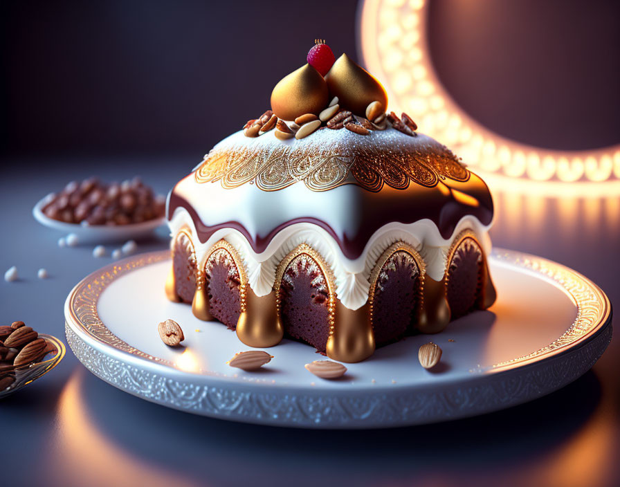 Elegantly decorated cake with white and dark chocolate layers, nuts, and golden embellishments on a