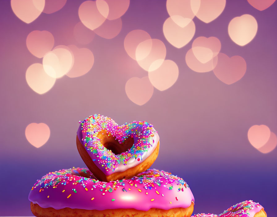 Heart-shaped donut with pink icing and sprinkles on bokeh background