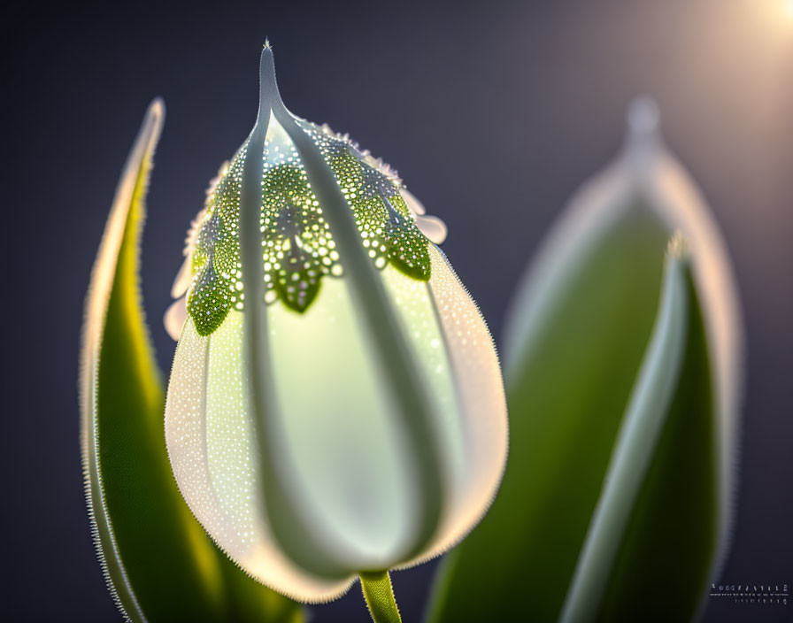 Tulip Bud with Dew Drops Backlit by Soft Sunlight