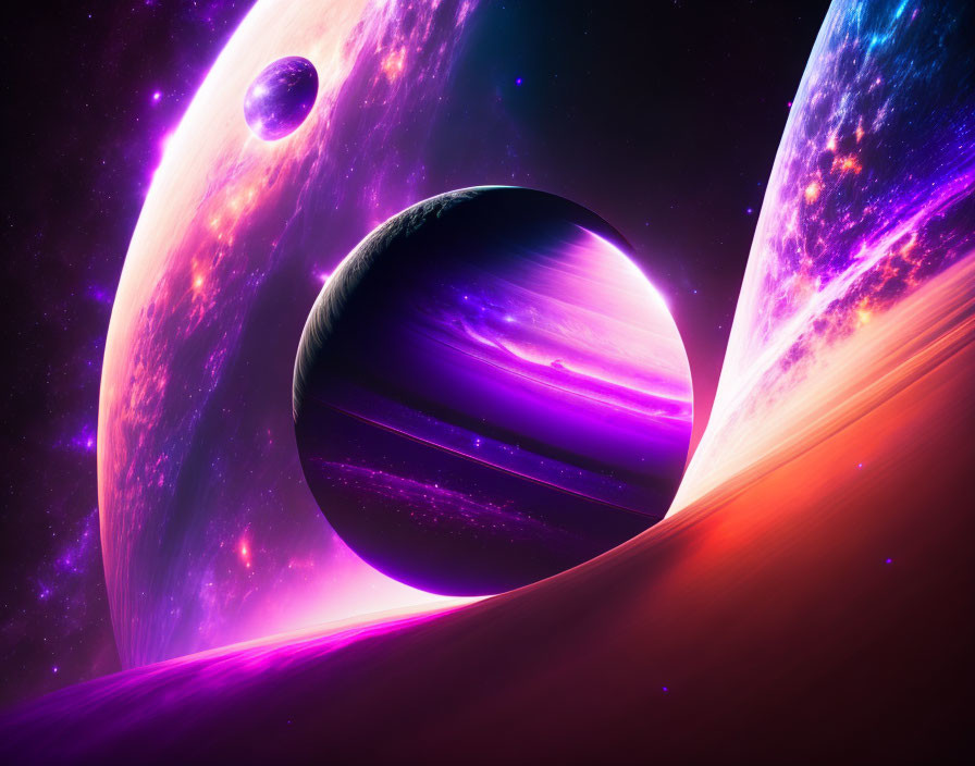 Colorful cosmic scene: large purple planet, moon, distant planet with rings