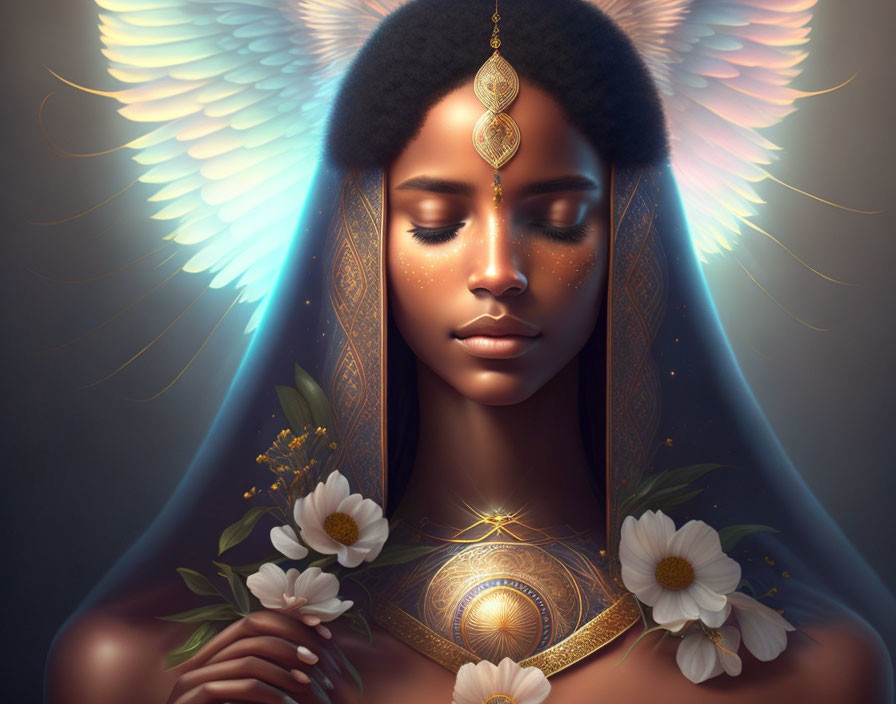 Ethereal figure with glowing wings and ornate headpiece in golden attire