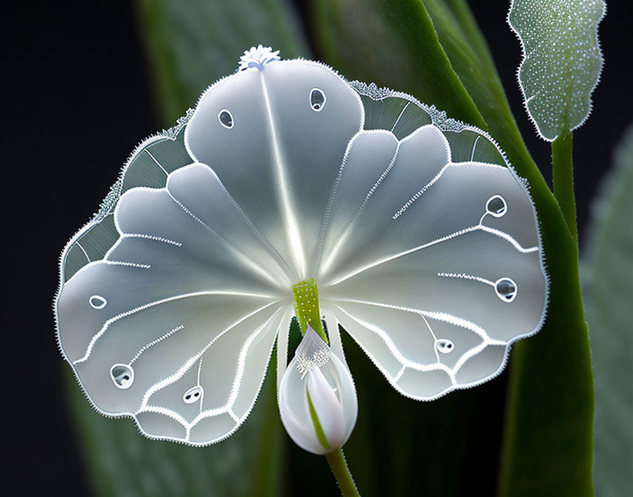 Transparent butterfly with dew drops on wings resting on green leaf.