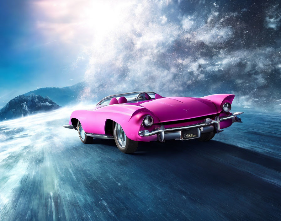 Pink Classic Car with Tailfins on Surreal Icy Surface