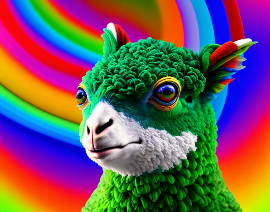 Vibrant digital artwork: Green llama with expressive eyes on rainbow background