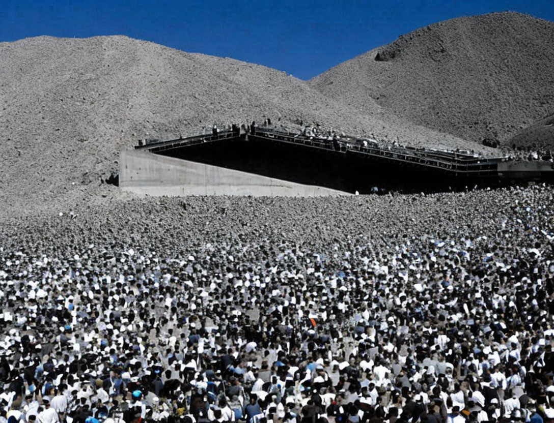 Crowd gathering in desert with mountains and structure.