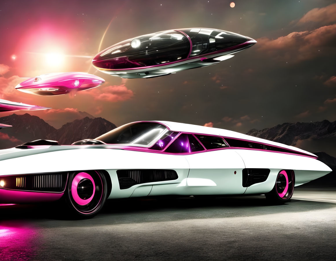 Futuristic white flying cars in pink sky over mountains