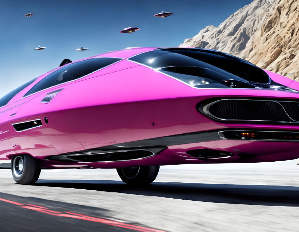 Pink futuristic flying car hovering over road with drones in the sky