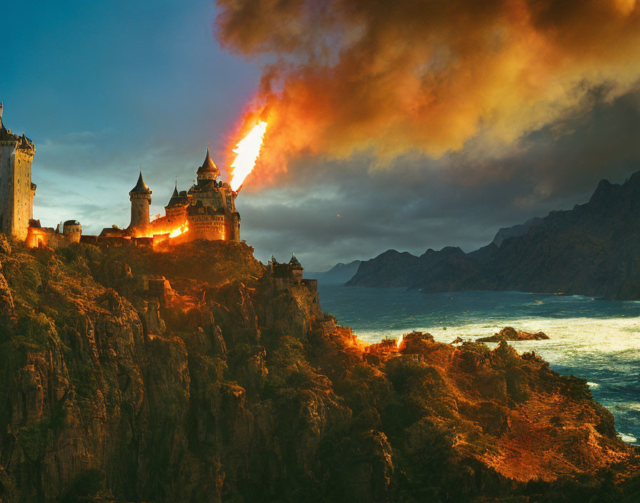 Coastal castle on cliffs under dramatic sky with blazing comet