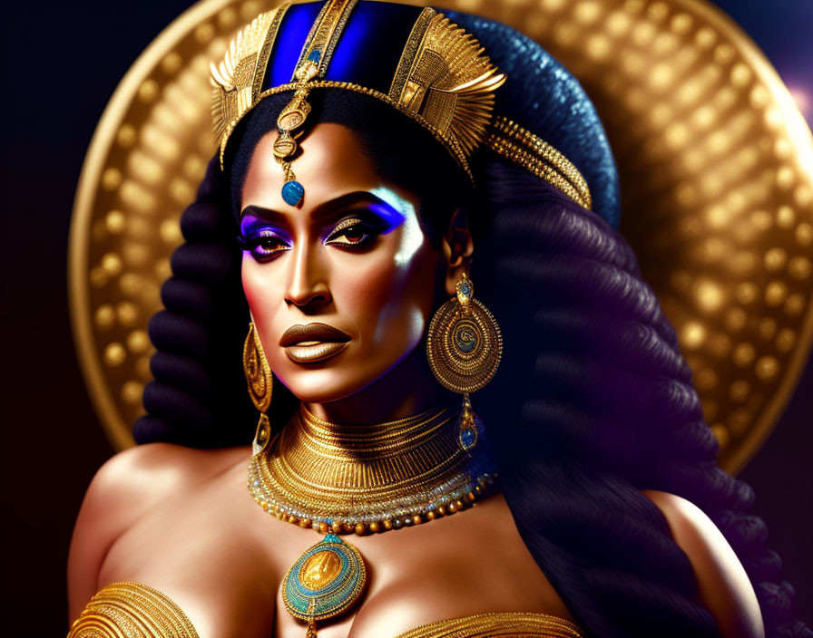 Portrait of a Woman as Egyptian Queen with Gold Jewelry and Symbolic Headdress