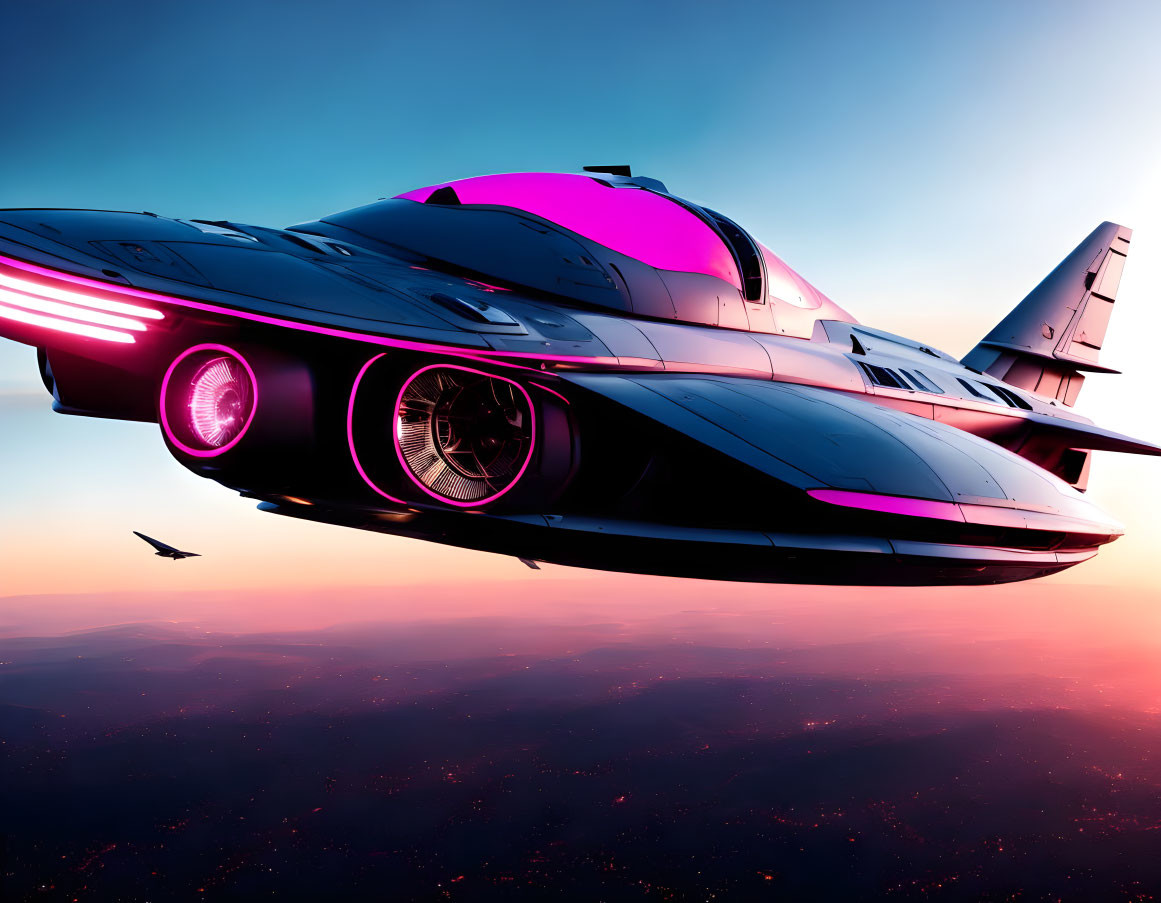 Sleek Black and Pink Futuristic Aircraft Soaring at Twilight