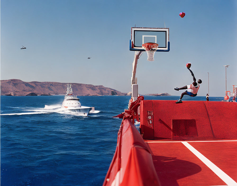 Ship's Deck Basketball Court with Player Dunking, Heart Balloon, and Patrol Boat