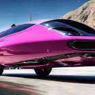 Pink futuristic flying car hovering over road with drones in the sky