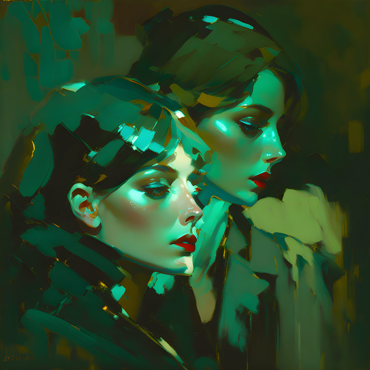 Stylized female figures in green and yellow hues symbolize human emotion and digital abstraction