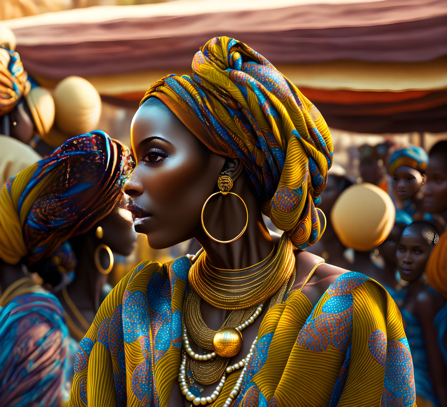 Detailed headscarf and gold jewelry woman in vibrant marketplace.