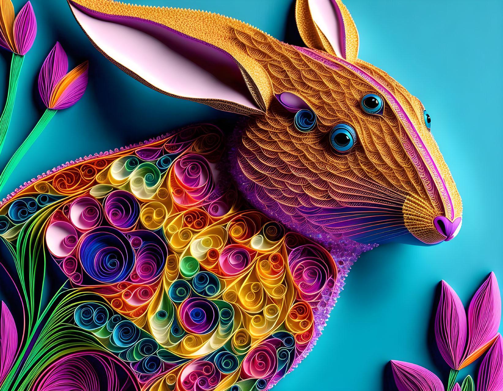 Colorful Quilled Rabbit Artwork on Blue Background