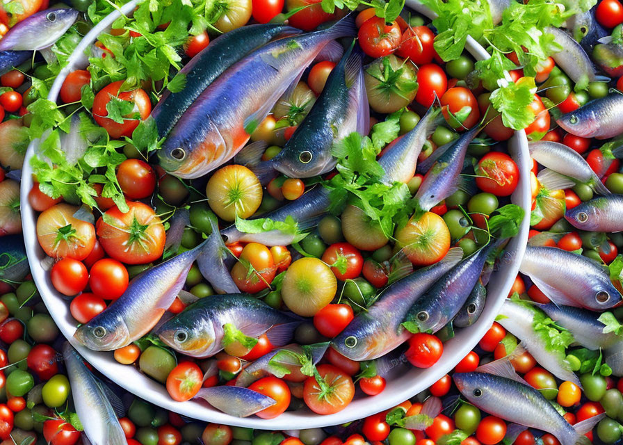 Colorful Cherry Tomatoes and Green Herbs with Fresh Fish Display