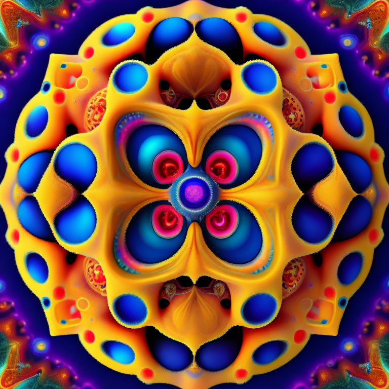 Symmetrical Fractal Image with Vibrant Blue, Yellow, and Red Hues