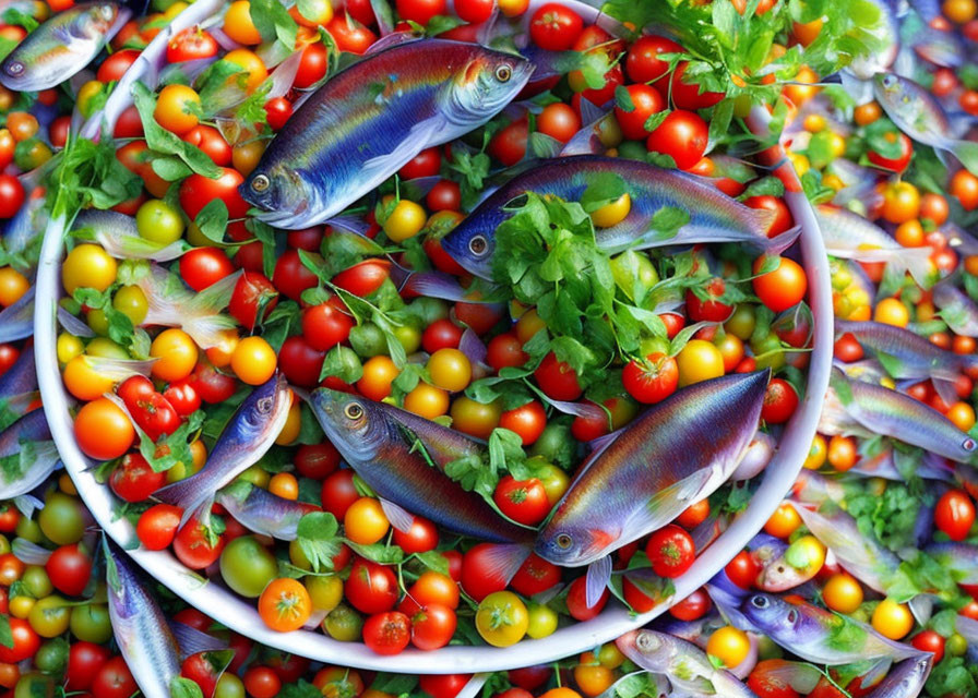 Fresh raw fish bowl with colorful cherry tomatoes and green herbs