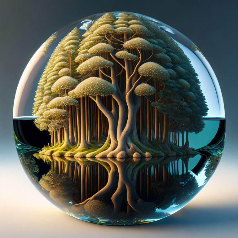 Miniature forest terrarium with mushroom trees on blue background