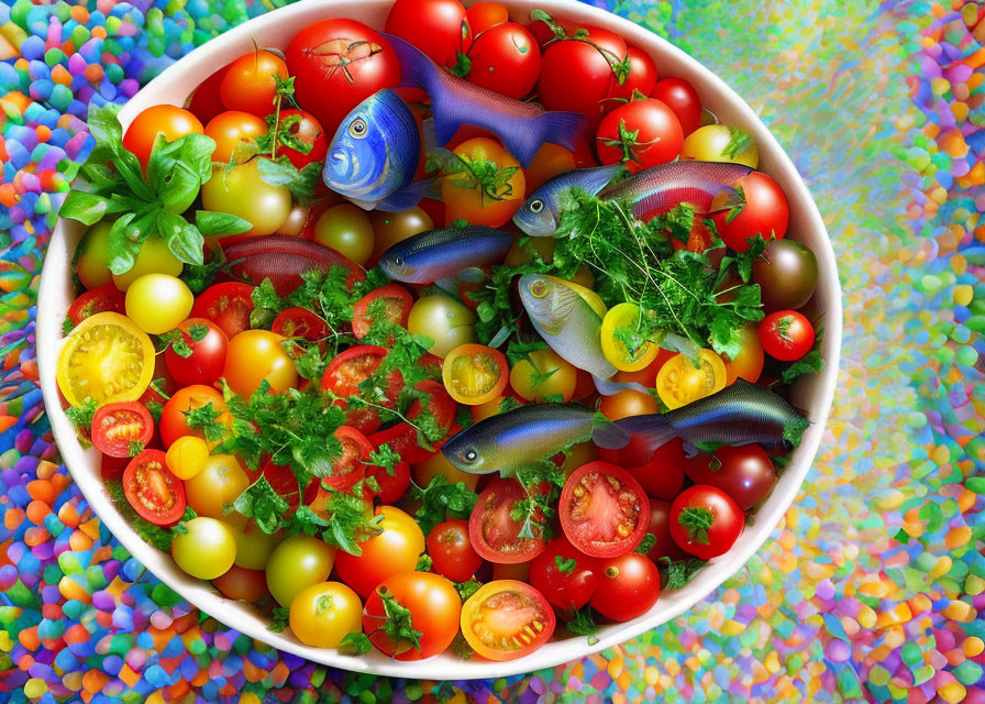 Vibrant bowl with tomatoes, herbs, and decorative fish on bead background