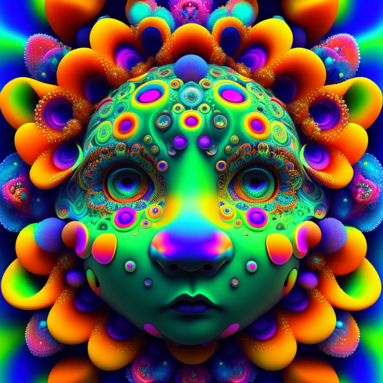 Symmetrical digital artwork with multiple eyes and psychedelic patterns