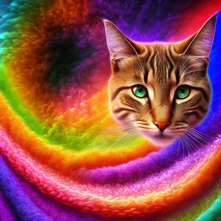 Colorful cat face over swirling rainbow spiral.