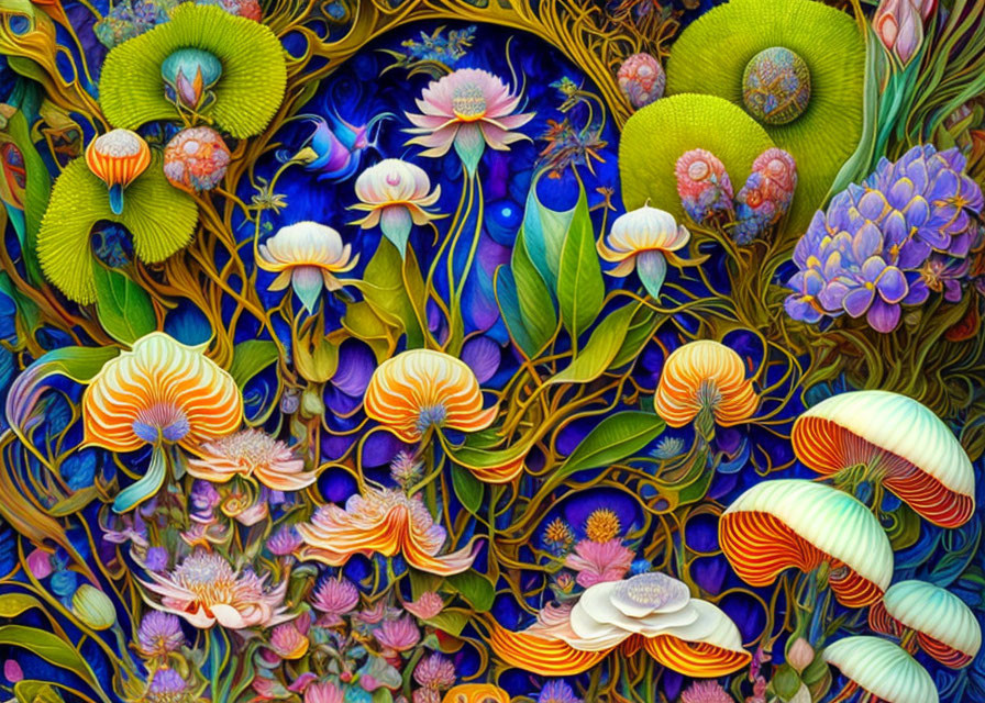 Colorful Fantastical Flowers and Mushrooms Artwork with Rich Textures