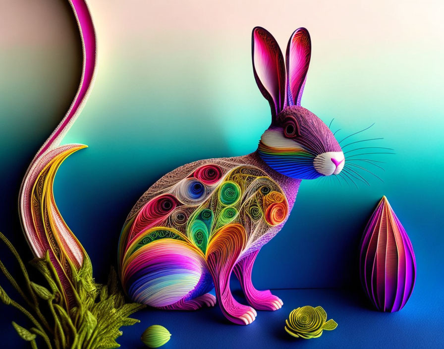 Vibrant rabbit illustration with intricate patterns and abstract plants on gradient backdrop