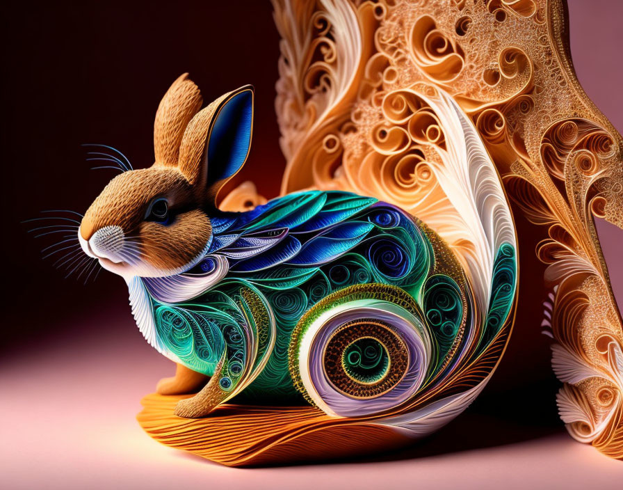 Colorful Quilled Paper Art: Rabbit Design with Ornate Patterns on Pink Background