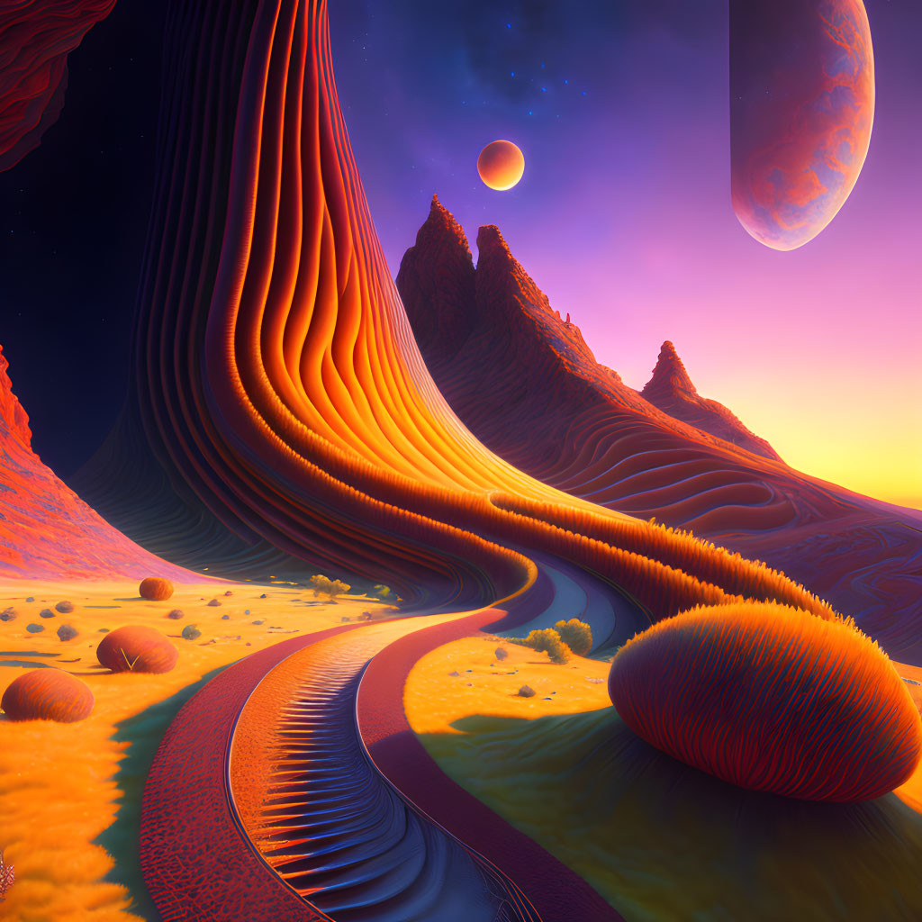 Colorful alien landscape with orange structures, yellow terrain, and purple sky