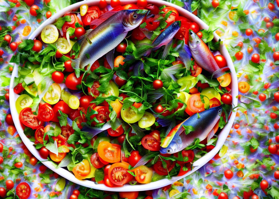 Colorful salad with greens, tomatoes, lemon, and fish in white bowl