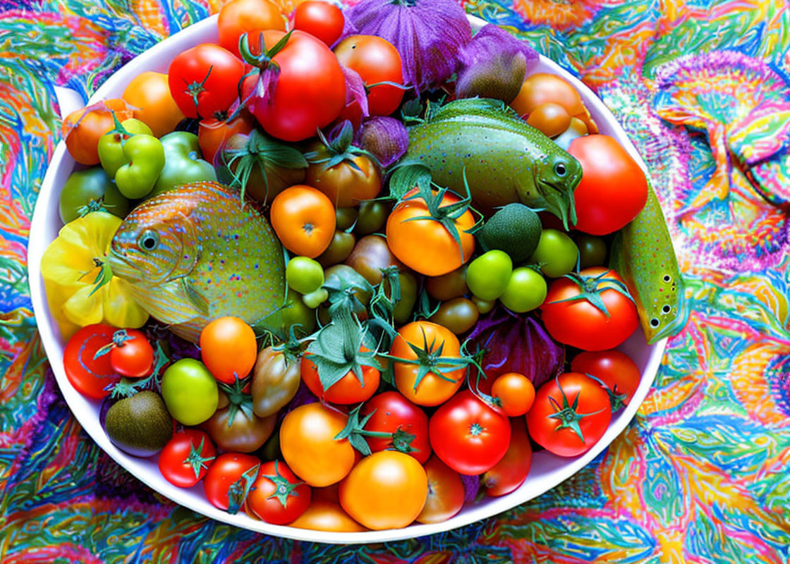 Assorted Tomatoes and Fish on Colorful Background