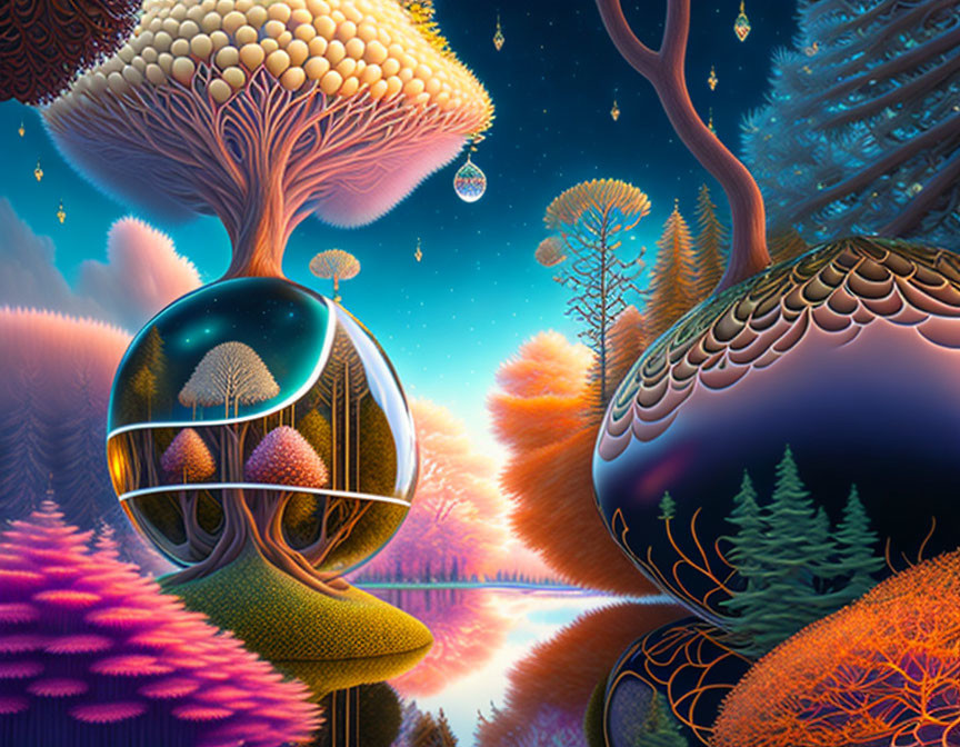 Surreal landscape with fantastical trees, reflective orb, and starry sky