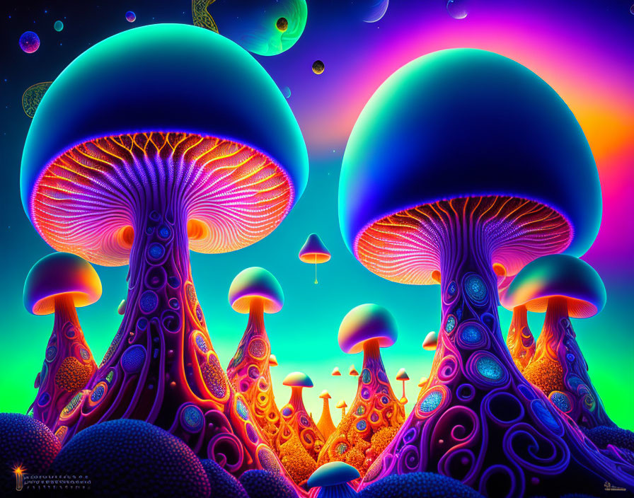 Colorful digital art featuring stylized mushrooms and cosmic background.