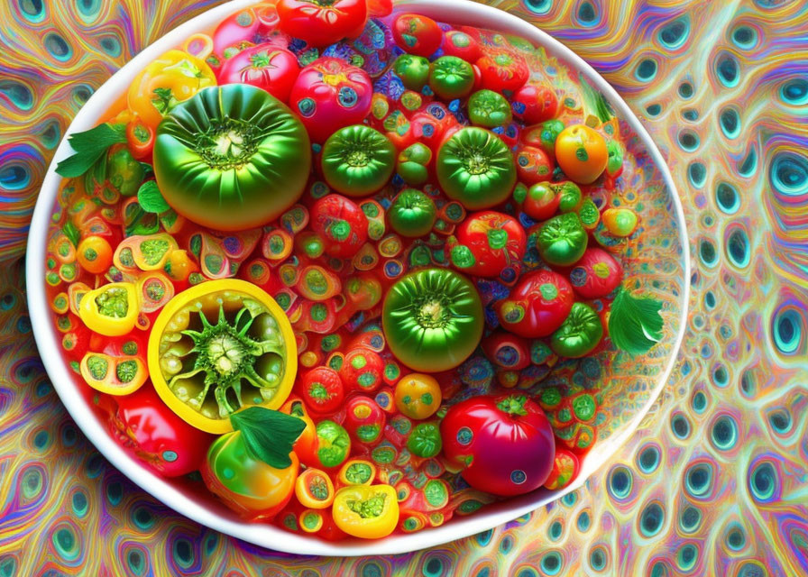 Colorful Plate of Fresh Tomatoes on Psychedelic Background