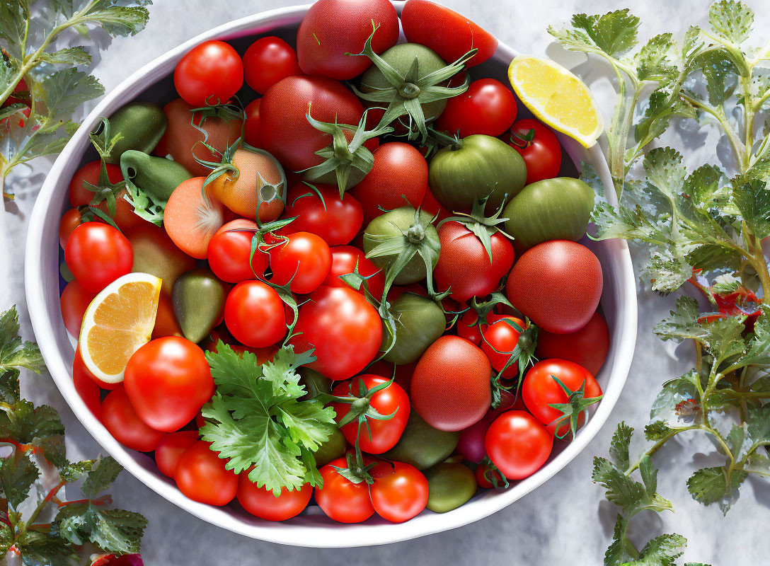 Colorful bowl of red and green tomatoes with parsley and lemon wedge