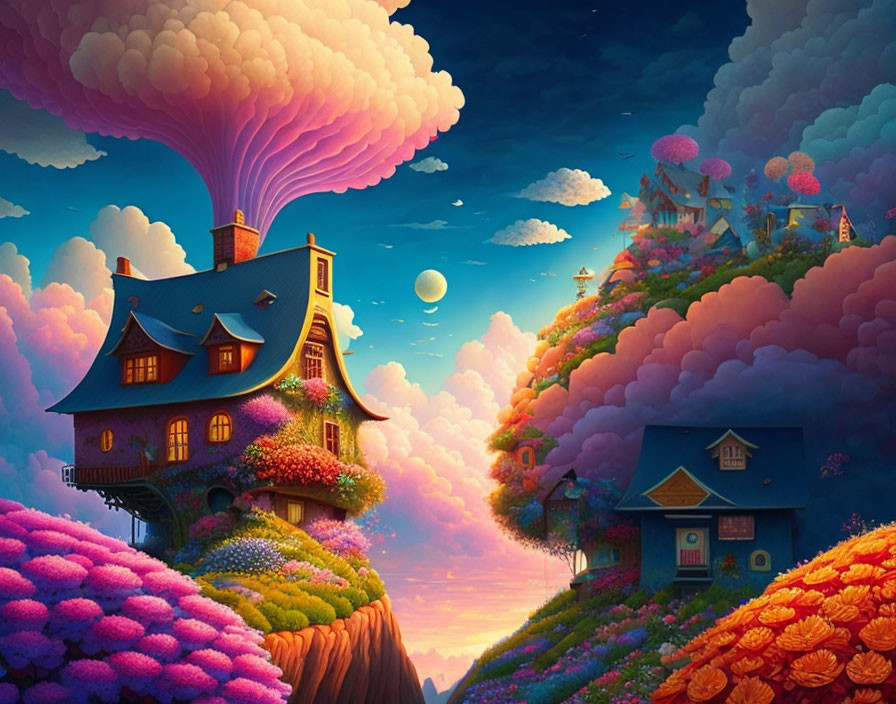 Colorful Flora and Fantasy Houses in Whimsical Landscape