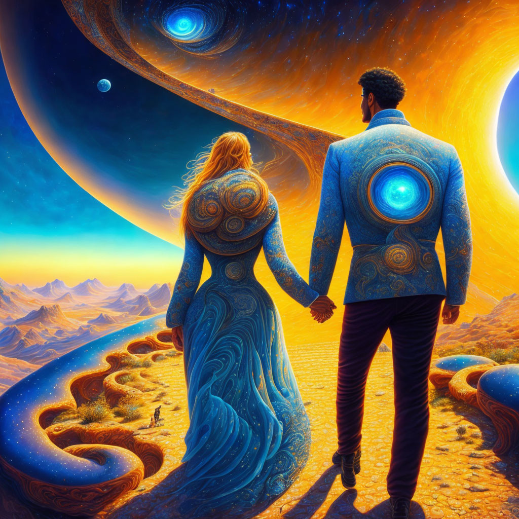 Fantastical Path with Couple Holding Hands and Surreal Landscape