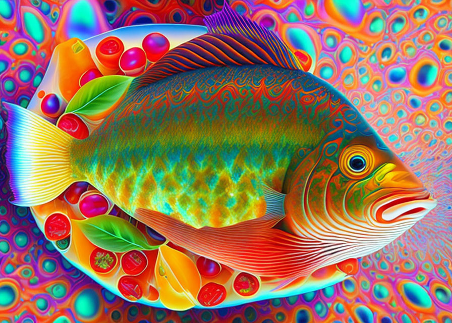 Colorful Psychedelic Fish Illustration with Abstract Patterns and Shapes