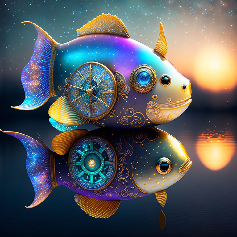 Colorful Fish Illustration with Celestial and Steampunk Theme on Water Surface at Dusk