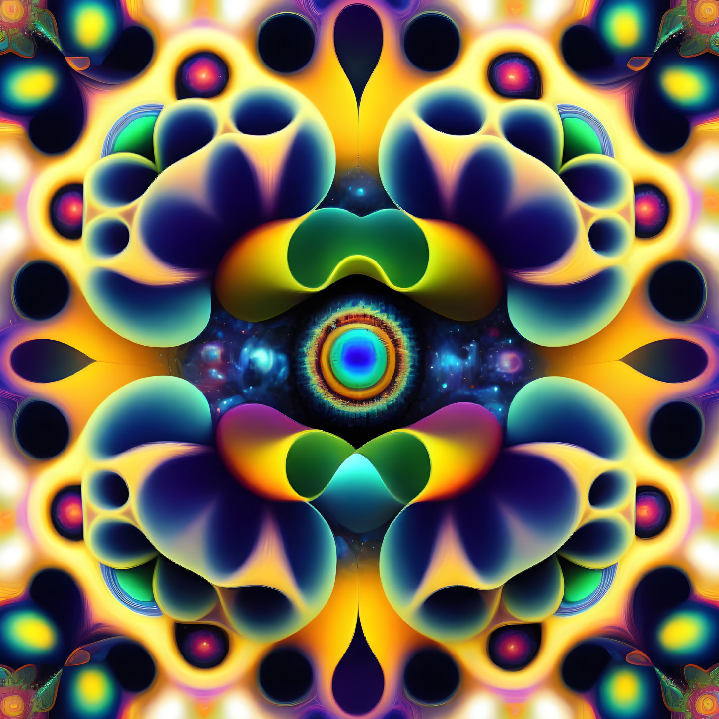 Symmetrical Fractal Design with Vivid Colors and Floral Patterns