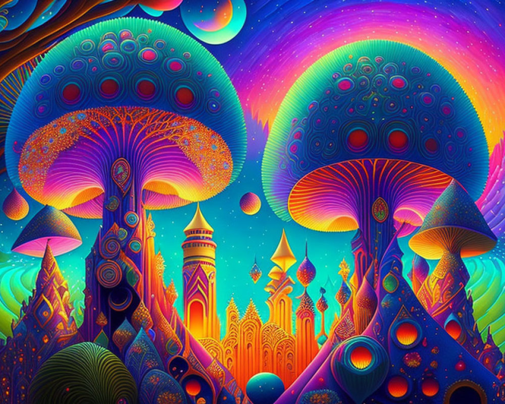 Colorful Psychedelic Artwork: Mushrooms & Fantasy Architecture in Space